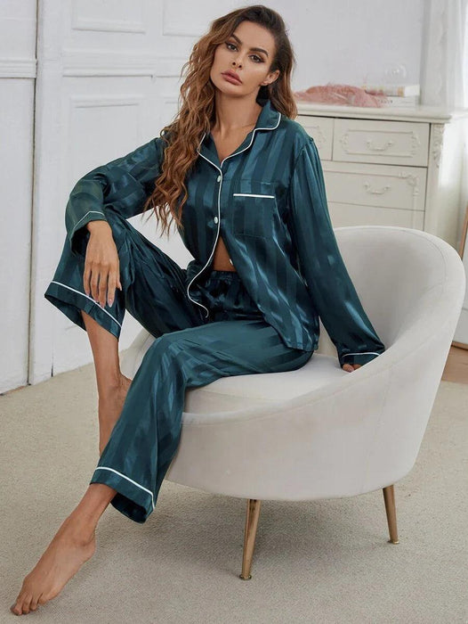 Contrast Stripe Satin Pajamas – Elegant Button Front Sleepwear