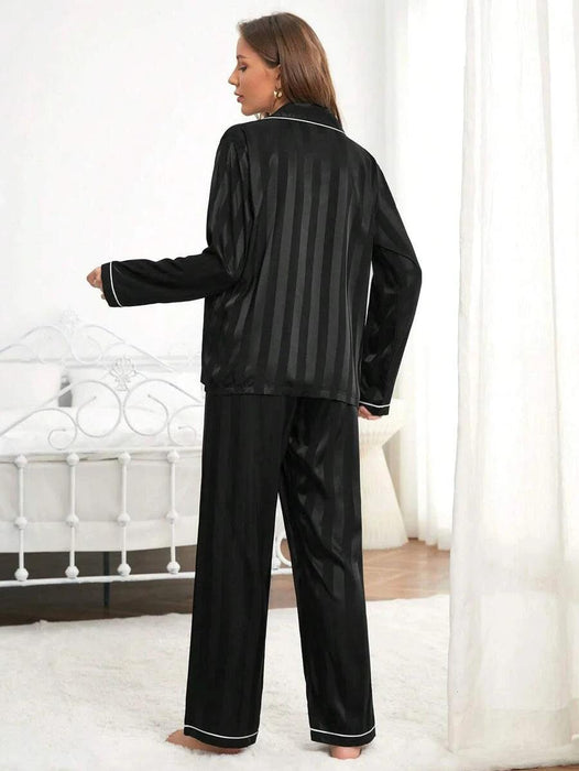 Contrast Stripe Satin Pajamas – Elegant Button Front Sleepwear