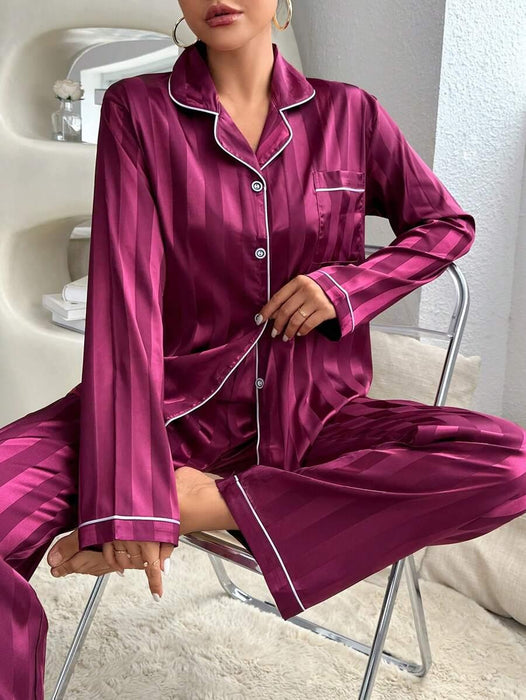 Contrast Stripe Satin Pajamas – Elegant Button Front Sleepwear
