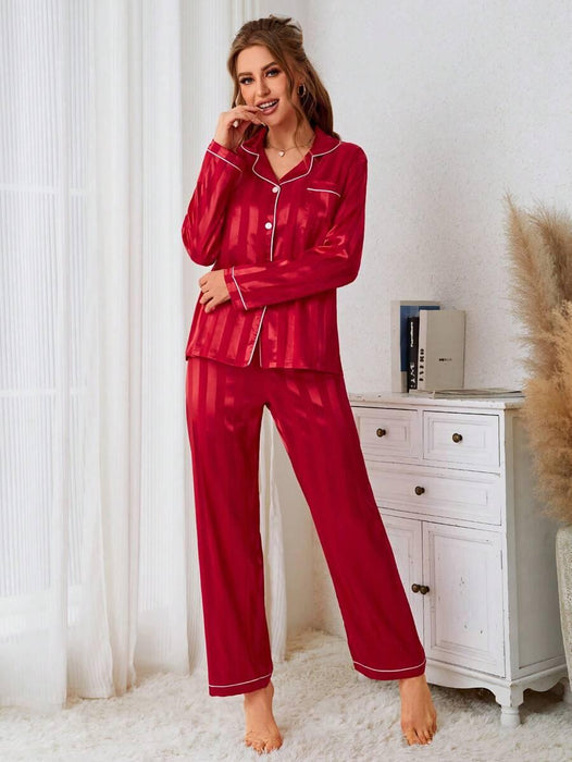 Contrast Stripe Satin Pajamas – Elegant Button Front Sleepwear