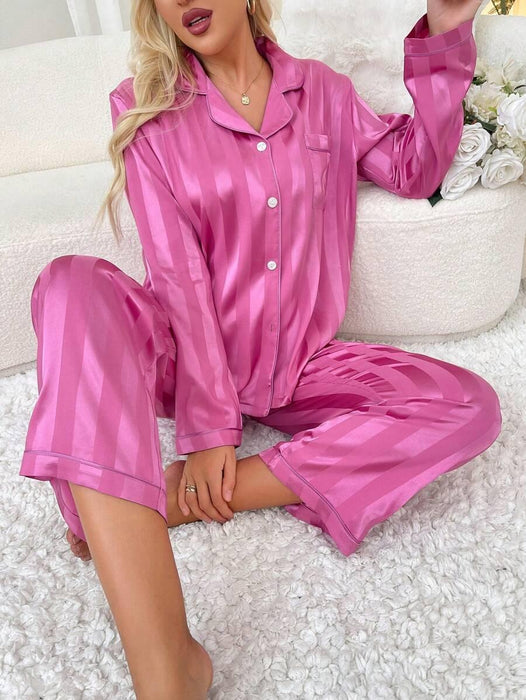 Contrast Stripe Satin Pajamas – Elegant Button Front Sleepwear