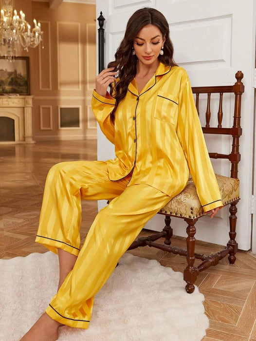 Contrast Stripe Satin Pajamas – Elegant Button Front Sleepwear