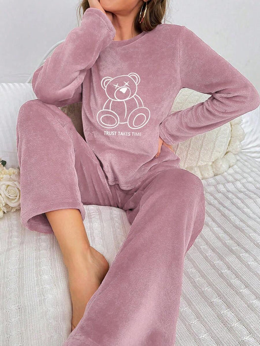 Embroidered Bear Pajama Set – Soft Flannel Comfort for Every Night