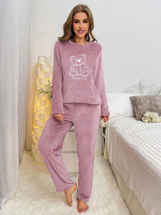 Embroidered Bear Pajama Set – Soft Flannel Comfort for Every Night