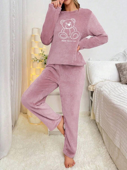 Embroidered Bear Pajama Set – Soft Flannel Comfort for Every Night