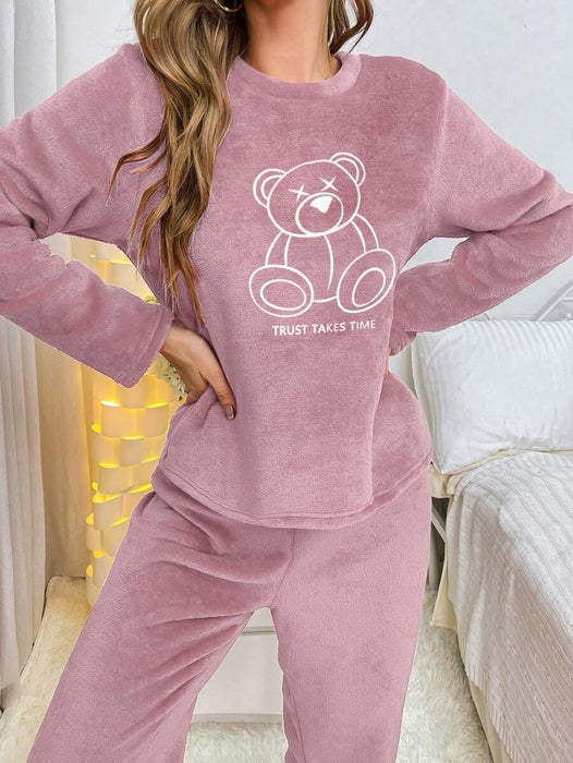 Embroidered Bear Pajama Set – Soft Flannel Comfort for Every Night