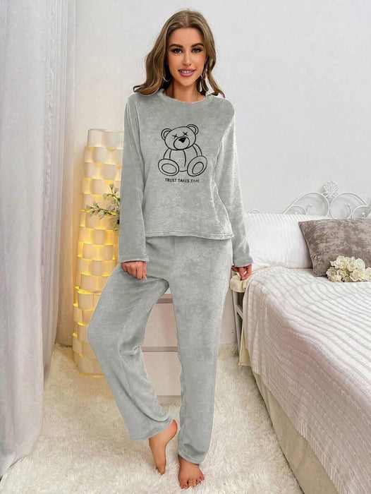 Embroidered Bear Pajama Set – Soft Flannel Comfort for Every Night