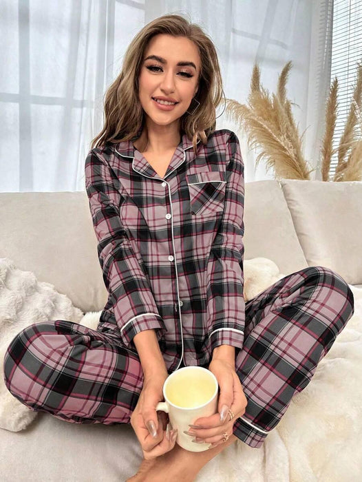 Plaid Contrast Pajama Set – Stylish Sleepwear for Ultimate Comfort