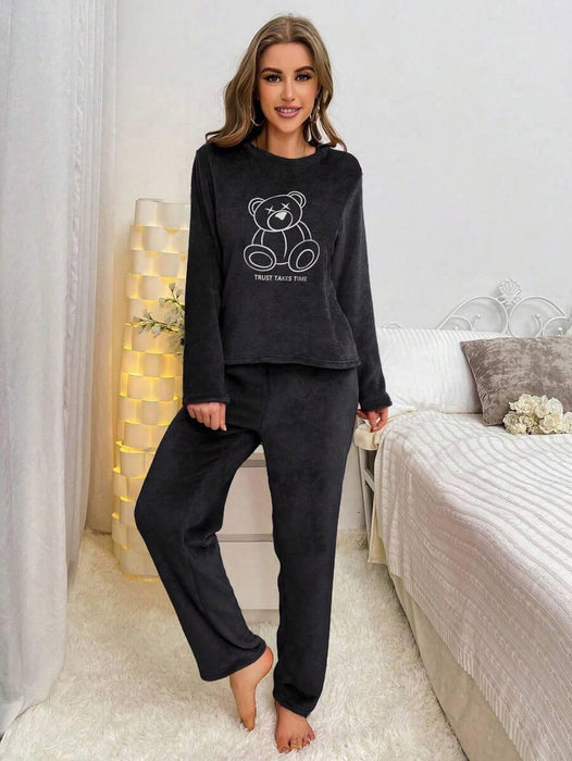 Embroidered Bear Pajama Set – Soft Flannel Comfort for Every Night