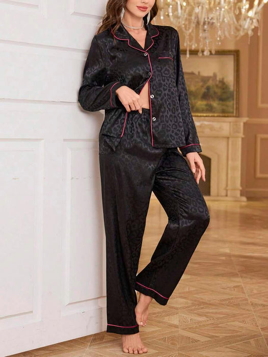 Contrast Patterned Satin Pajamas – Soft and Elegant Sleepwear Set