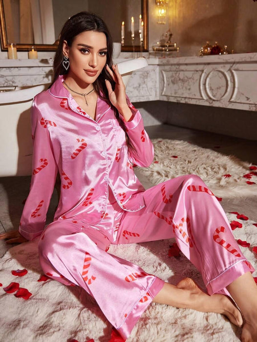 Candy Cane Printed Pajamas – Festive Satin Sleepwear Set