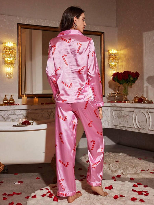 Candy Cane Printed Pajamas – Festive Satin Sleepwear Set
