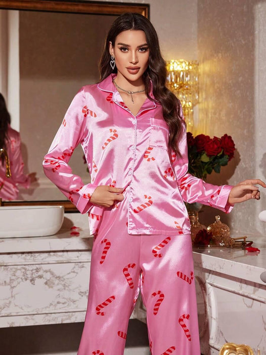 Candy Cane Printed Pajamas – Festive Satin Sleepwear Set