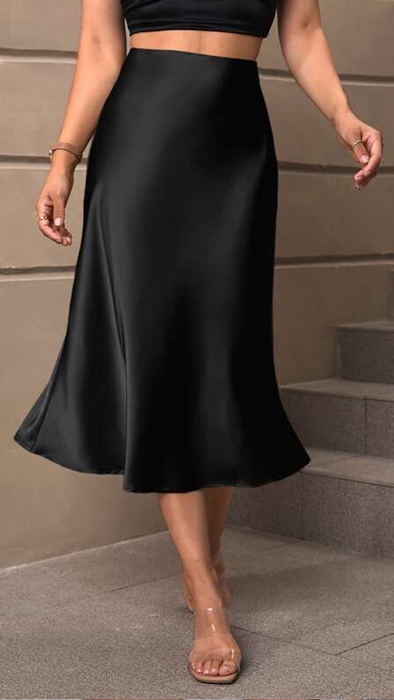 Elegant High Waist Solid Satin Skirt - Midi Length, Flared Design