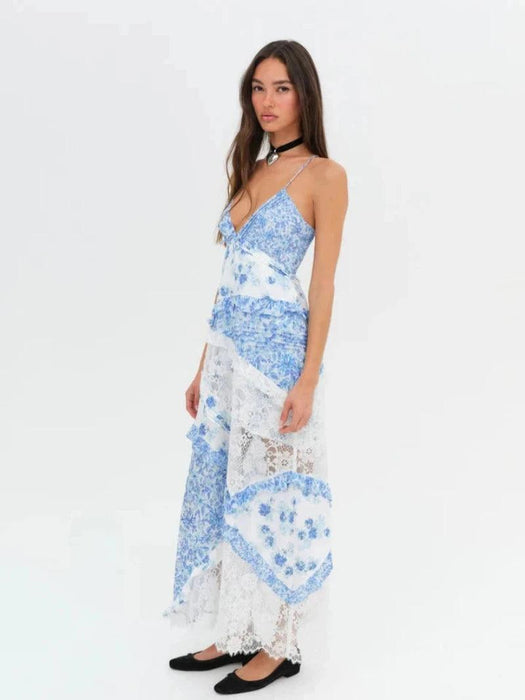 Floral Patchwork Maxi Dress – Elegant Lace and Flowing Design