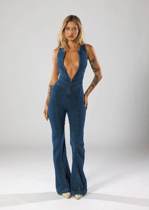 Plunge Flare Denim Jumpsuit – Vintage-Inspired Fashion with Modern Fit