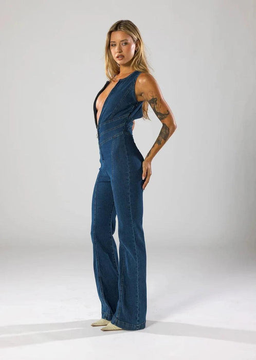 Plunge Flare Denim Jumpsuit – Vintage-Inspired Fashion with Modern Fit