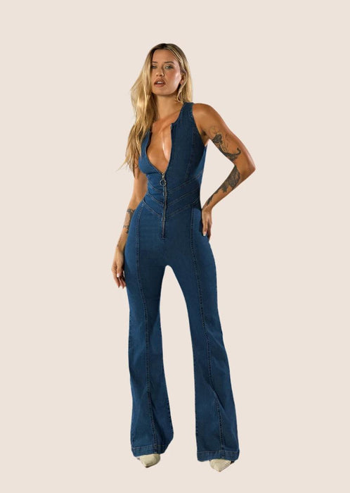 Plunge Flare Denim Jumpsuit – Vintage-Inspired Fashion with Modern Fit