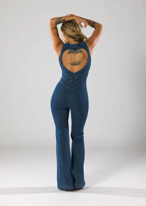 Plunge Flare Denim Jumpsuit – Vintage-Inspired Fashion with Modern Fit