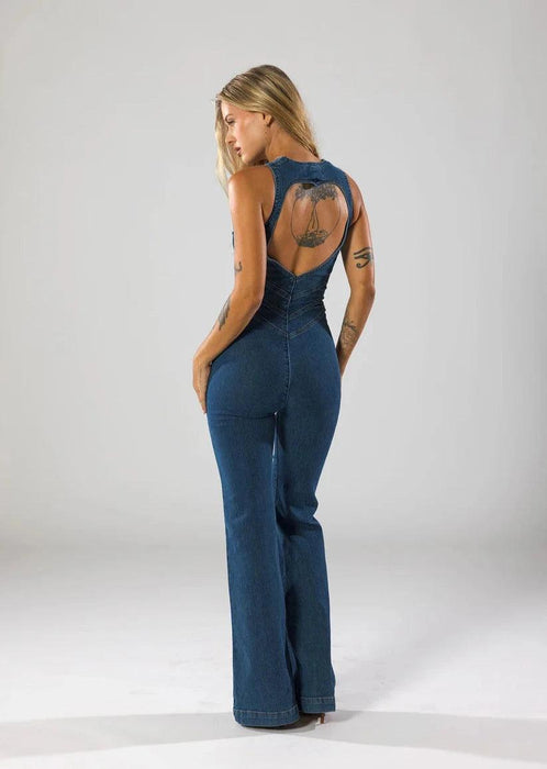 Plunge Flare Denim Jumpsuit – Vintage-Inspired Fashion with Modern Fit