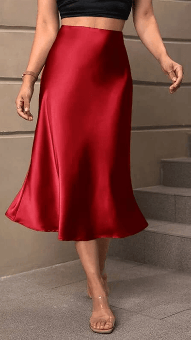 Elegant High Waist Solid Satin Skirt - Midi Length, Flared Design