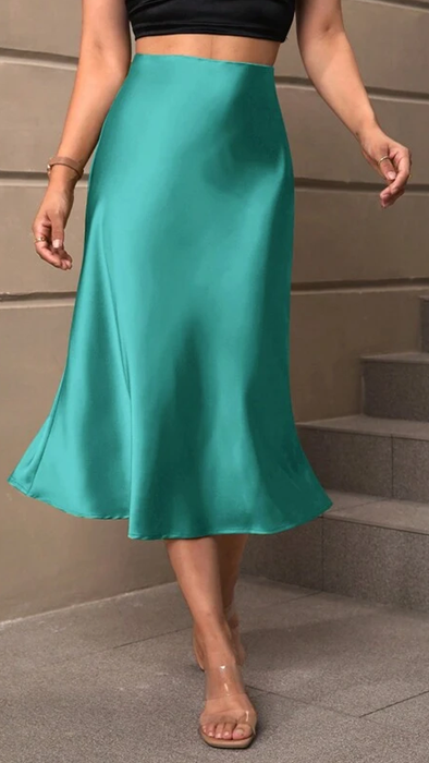 Elegant High Waist Solid Satin Skirt - Midi Length, Flared Design