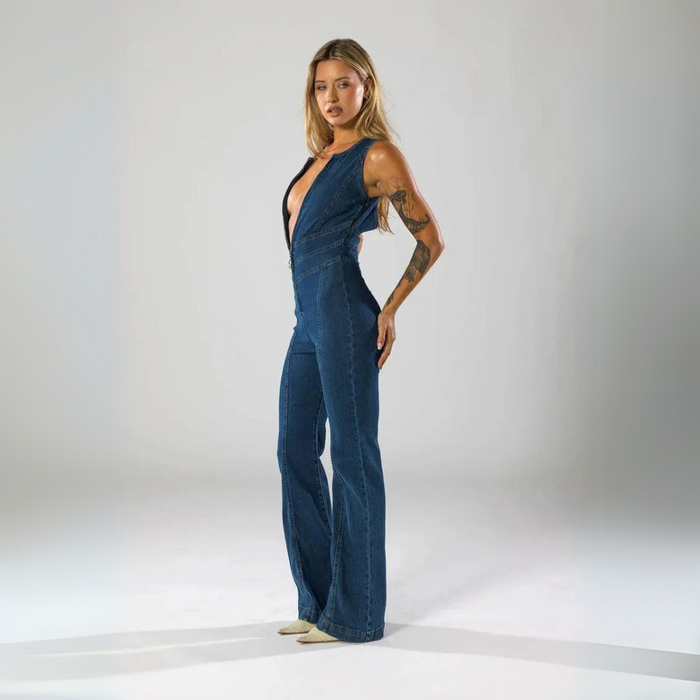 Plunge Flare Denim Jumpsuit – Vintage-Inspired Fashion with Modern Fit