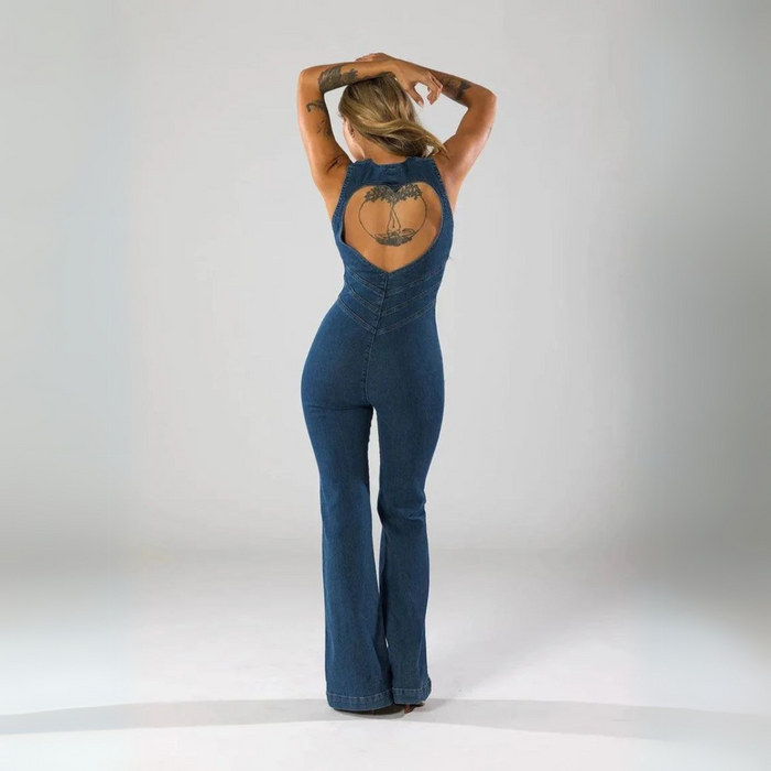 Plunge Flare Denim Jumpsuit – Vintage-Inspired Fashion with Modern Fit