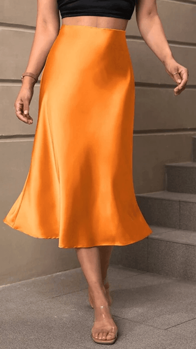 Elegant High Waist Solid Satin Skirt - Midi Length, Flared Design