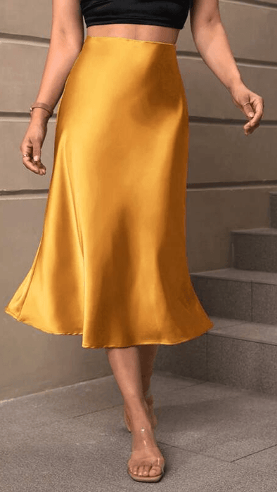 Elegant High Waist Solid Satin Skirt - Midi Length, Flared Design