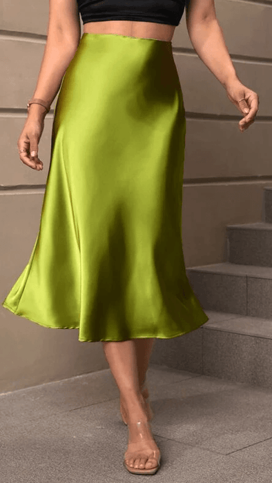 Elegant High Waist Solid Satin Skirt - Midi Length, Flared Design