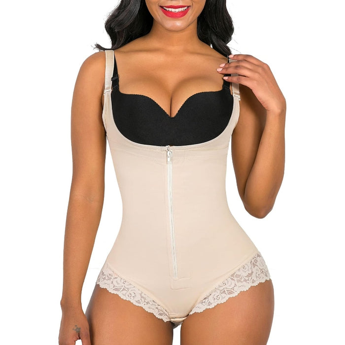 Adjustable Compression Shaping Bodysuit With Lace Detail