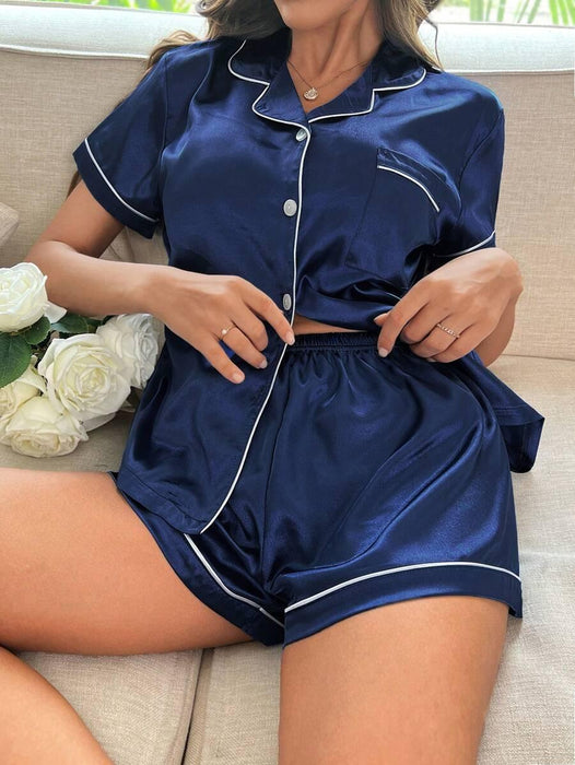 Contrast Button Up Pajamas – Soft Satin Sleepwear for Comfort