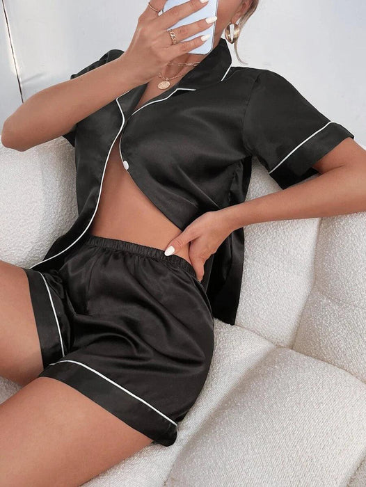 Contrast Button Up Pajamas – Soft Satin Sleepwear for Comfort