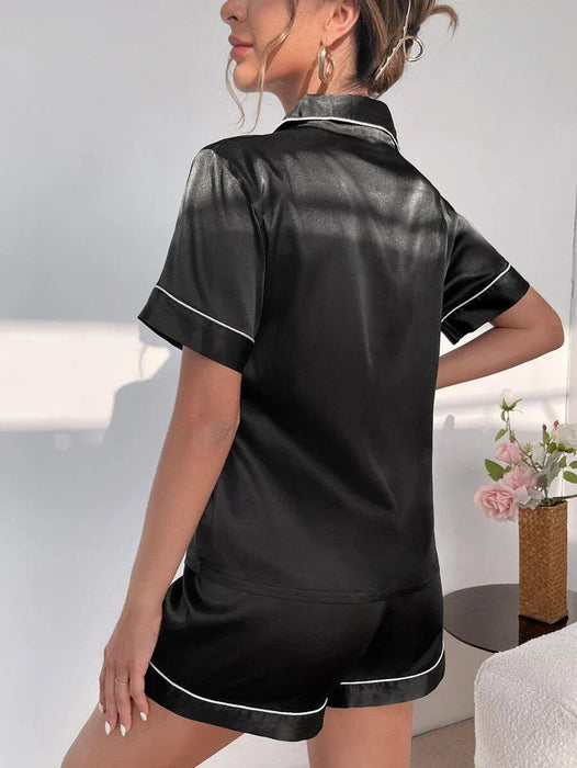 Contrast Button Up Pajamas – Soft Satin Sleepwear for Comfort