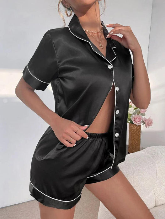 Contrast Button Up Pajamas – Soft Satin Sleepwear for Comfort