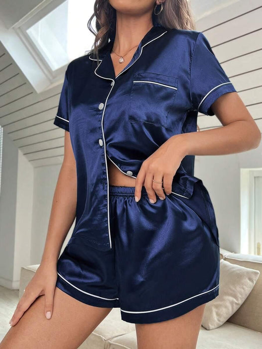 Contrast Button Up Pajamas – Soft Satin Sleepwear for Comfort