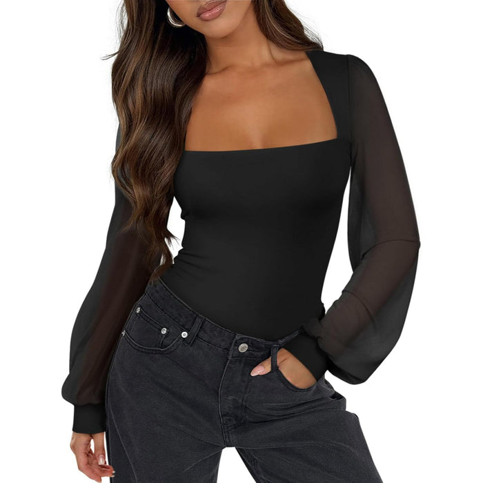 Mesh Long Sleeve Bodysuit With Square Design