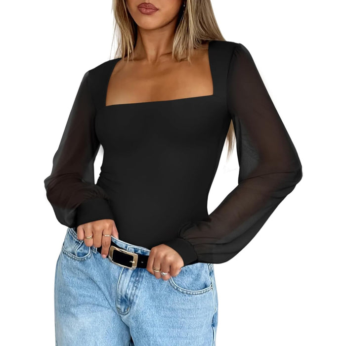 Mesh Long Sleeve Bodysuit With Square Design