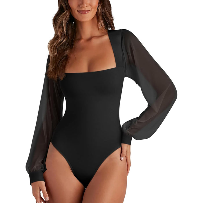 Mesh Long Sleeve Bodysuit With Square Design