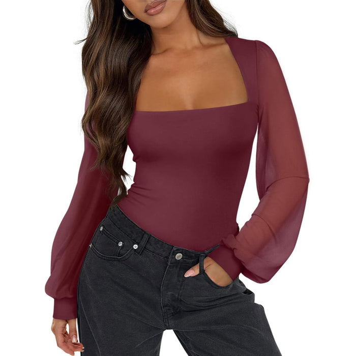 Mesh Long Sleeve Bodysuit With Square Design