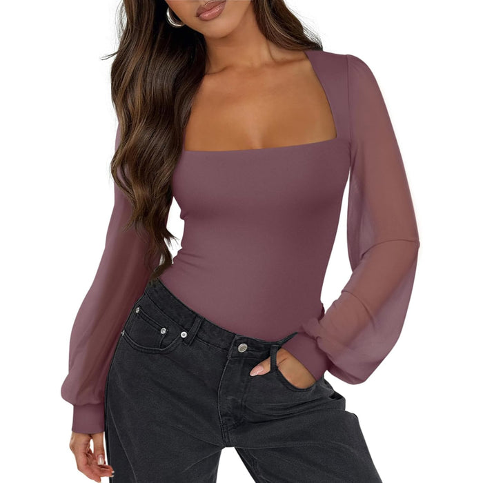 Mesh Long Sleeve Bodysuit With Square Design