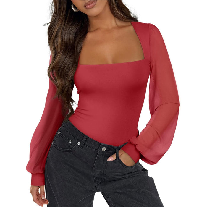 Mesh Long Sleeve Bodysuit With Square Design