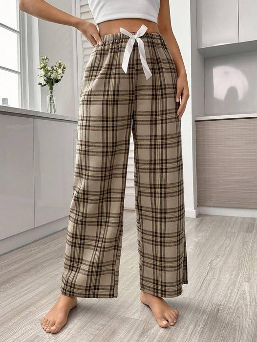 Plaid Print Pajama Pants – Cozy Loungewear with Bow Accent