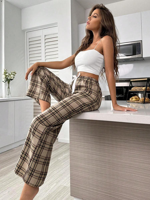Plaid Print Pajama Pants – Cozy Loungewear with Bow Accent