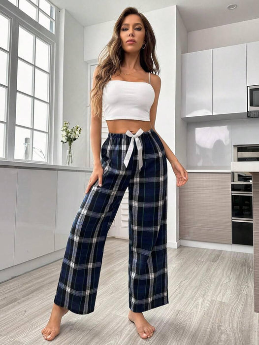 Plaid Print Pajama Pants – Cozy Loungewear with Bow Accent