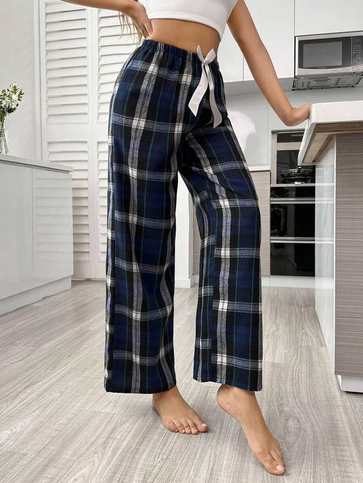 Plaid Print Pajama Pants – Cozy Loungewear with Bow Accent