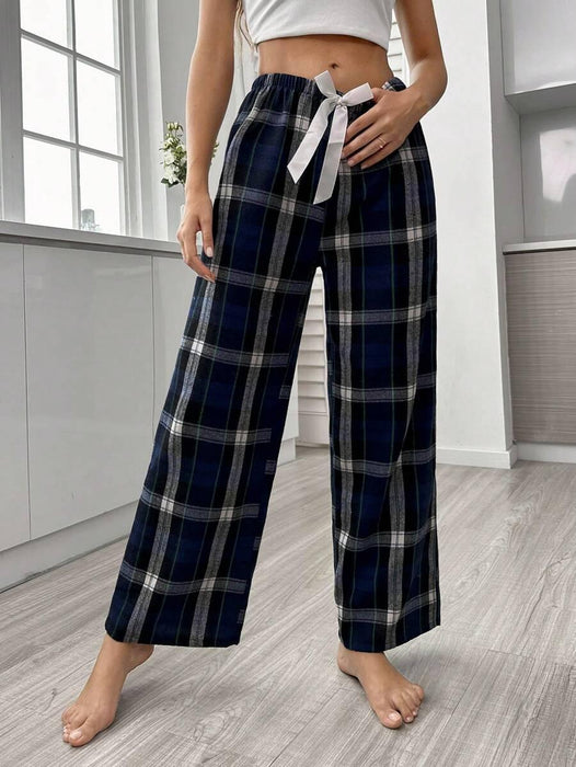 Plaid Print Pajama Pants – Cozy Loungewear with Bow Accent