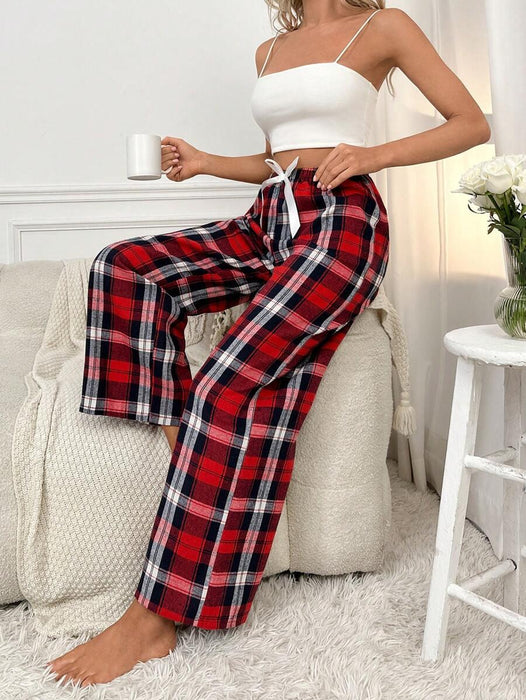Plaid Print Pajama Pants – Cozy Loungewear with Bow Accent