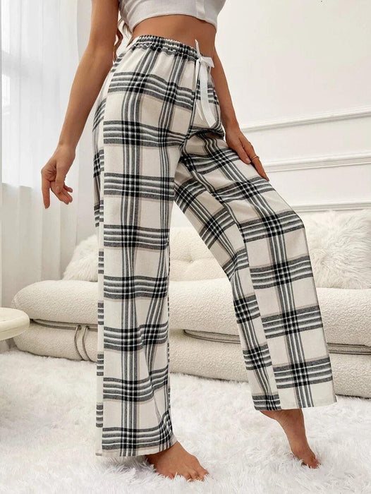 Plaid Print Pajama Pants – Cozy Loungewear with Bow Accent